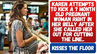 Karen Tries To Kick A Pregnant Woman In Her Belly After Calling Her Out For Cutting The Line..