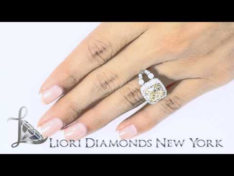FD-SOLD-048 - 4.53 Carat Fancy Yellow Cushion Cut Diamond Engagement Ring 18k Gold Pave Halo