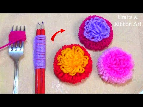 Amazing Woolen Flower Ideas with Fork and Pencils - Easy Flower Making -  Hand Embroidery Trick