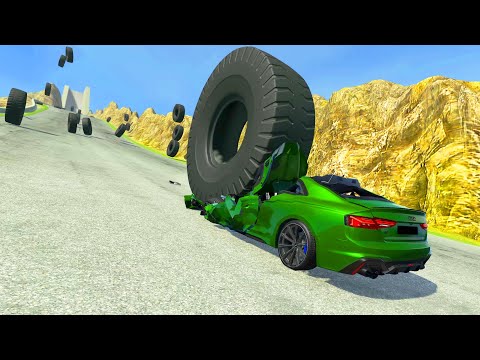 Giant Tires VS Cars Freaky Jumps - BeamNG.Drive