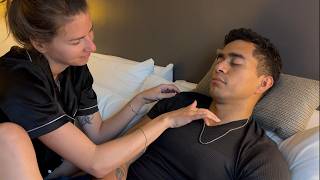 Soft, intimate, soothing touches - - his calm corner ASMR - - chest, facial, hair, arms and scalp