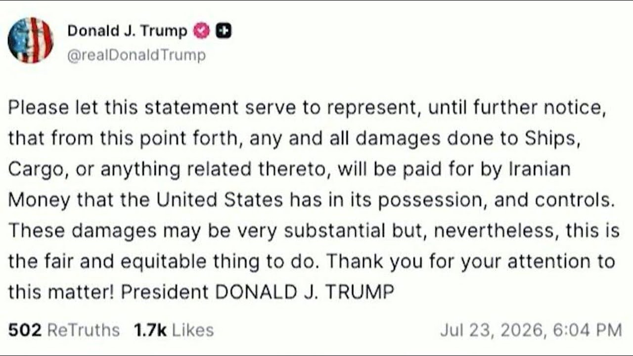 Video | Trump says frozen Iranian assets will pay for damage to shipping | AFP