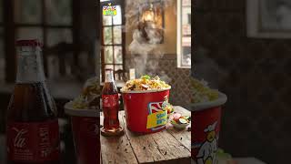 Enjoy a delicious Bucket Biryani with a chilled drink.