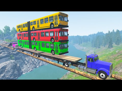 Overlap Limousine Long Bus Jumping Flatbed Trailer Transport Truck Rescue - Car vs Broken Log Bridge