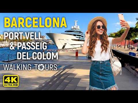 Excursão a pé 4K em Barcelona (Espanha) Port Vell e Passeig del Colom • Setembro de 2022