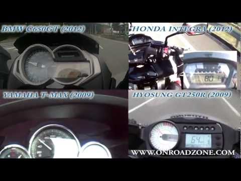 Thumbnail for YAMAHA T-MAX vs BMW C650GT vs HONDA NC700D Integra vs HYOSUNG GT250R Comet 0-100km/h by BMW, Honda NC700D Integra, Honda Integra