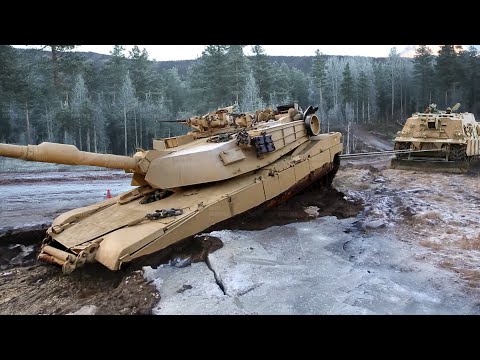 US M1 Abrams Seriously Stuck in Mud Being Recovered by Tow Tank - Mud Recovery