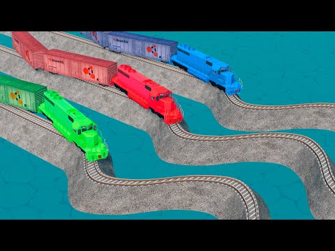 Colorful Train Vs Wave Impossible Weird Rail Track Crossing Deepwater in BeamNG.drive