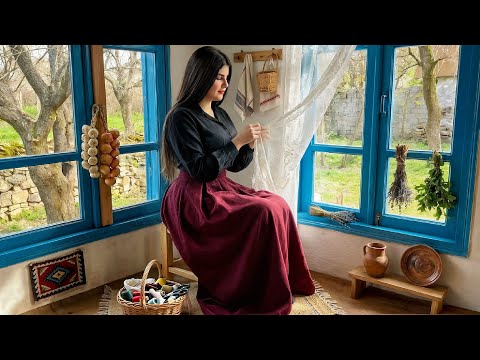 Stormy Day in a Remote Village | Baking Pumpkin Cake & Sewing Kitchen Curtain