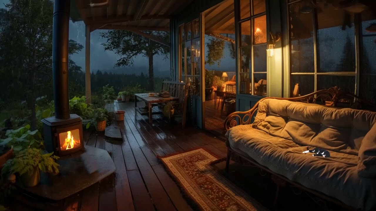 Cozy Forest Porch on a Rainy Day: Soothing Rain andFireplace Sounds for Deep Sleep,Mental Relaxation