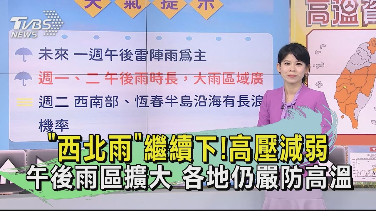 「西北」繼續下!高壓減弱 午後雨區擴大;各地仍嚴防高溫