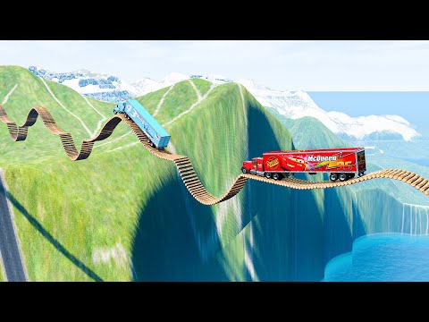Mack truck vs Dinoco vs Impossible Log Wave Bridge Truck Car Rescue -Cars vs Deep Water-BeamNG.drive