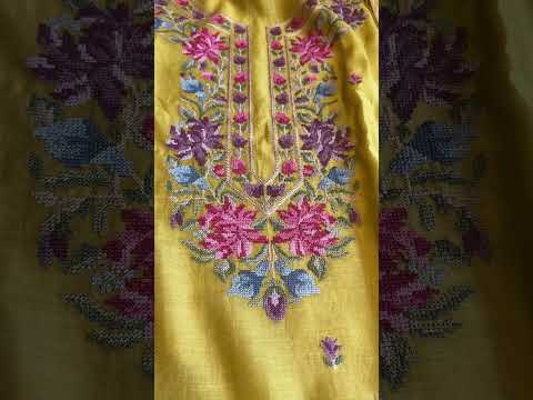 Silk Chanderi Cross Stitch Machine Embroidered Unstitched Suit Set with Dupatta