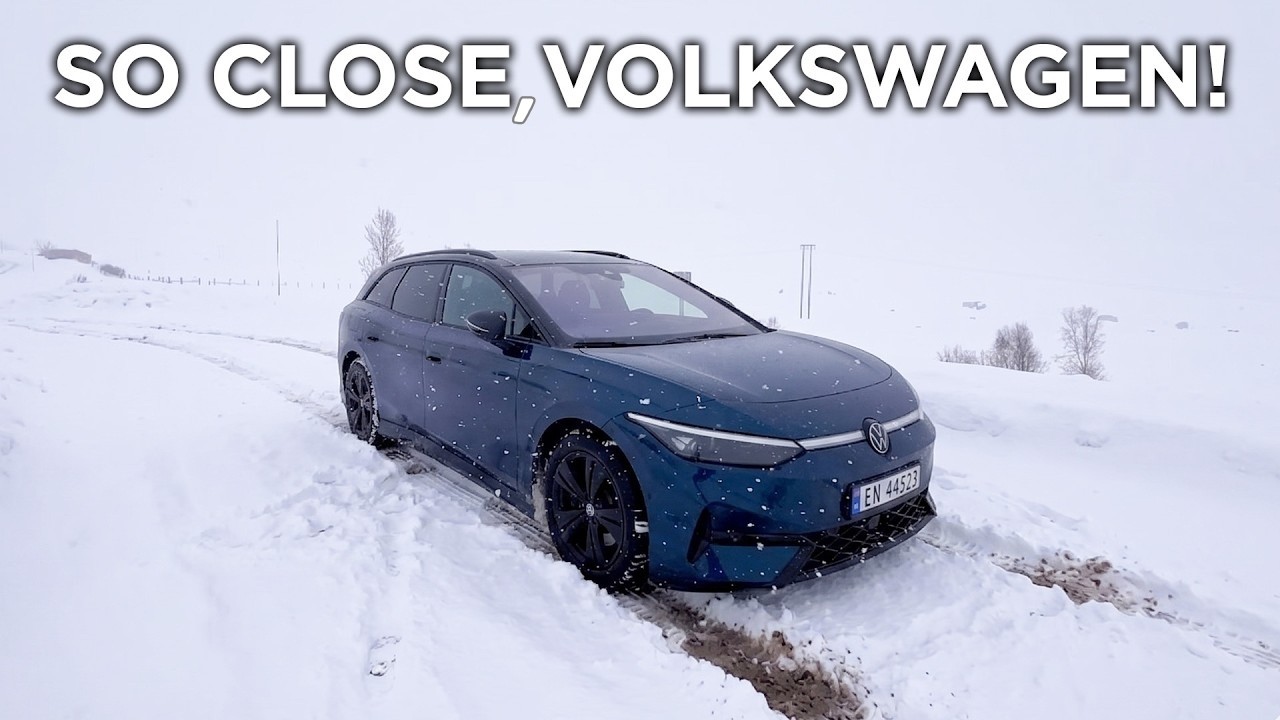 Volkswagen ID.7 Tourer GTX driving on a snow-covered Norwegian mountain road during Out of Spec Roaming winter road trip