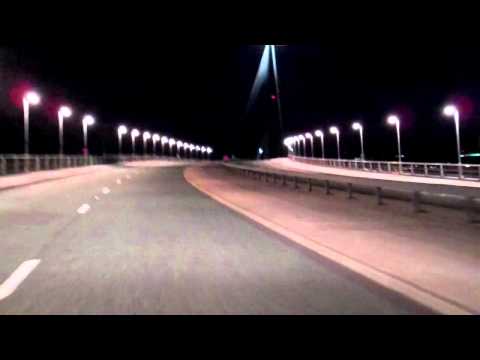Crossing the Flintshire Bridge at night.