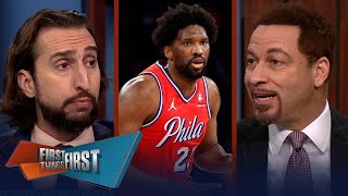 FIRST THING FIRST | Nick Wright & Brou reacts to Embiid roasts Knicks fan after fall to Knicks 97-92
