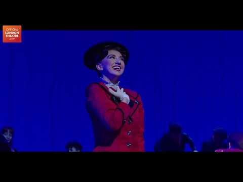 Mary Poppins West End musical trailer still with Mary flying above London rooftops