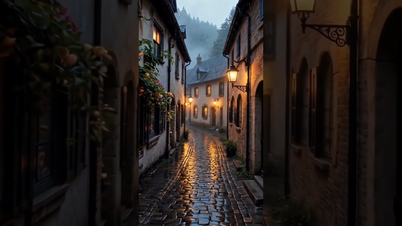 Relaxing Rain Sound & Visual | Medieval Village Night Loop