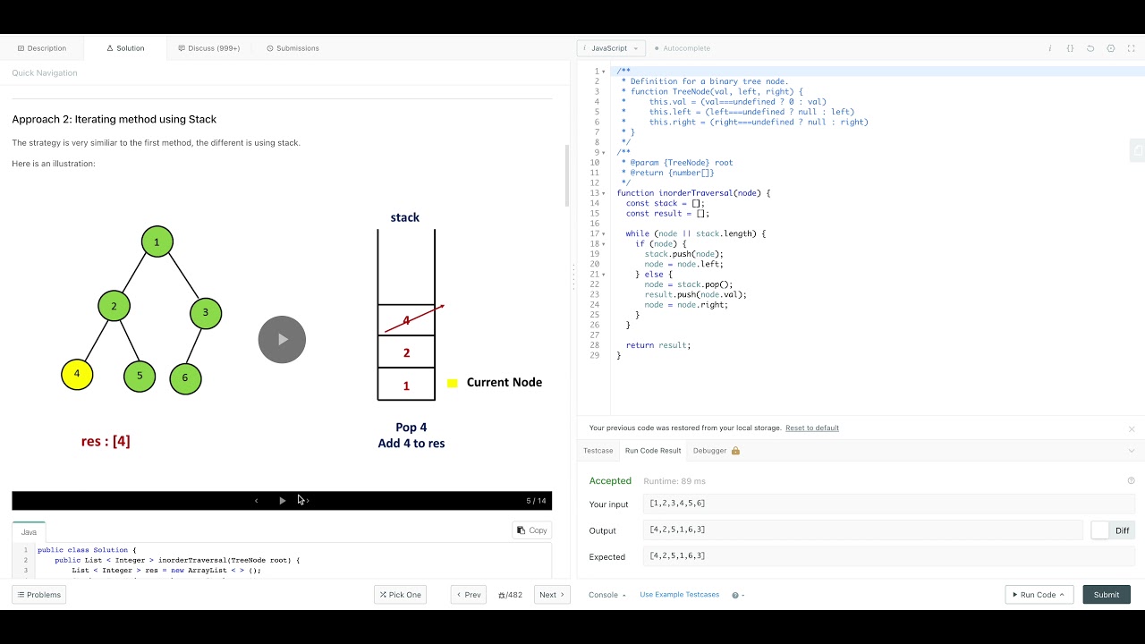 LeetCode 94. Binary Tree Inorder Traversal Javascript Python