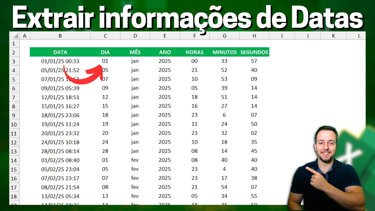 Como Extrair Dia, Mês, Ano, Horas, Minutos, Segundos de uma Data no Excel | Vários Exemplos