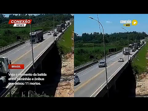 Vídeo: Veja o momento da batida entre caminhão e ônibus que deixou 11 mortos.