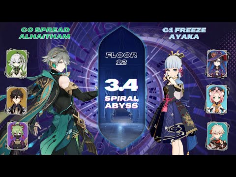 Abyss 3.4 - C0 Spread Alhaitham & C1 Freeze Ayaka | Floor 12 - 9 Stars | Genshin Impact (Android)
