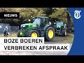 Boeren rijden met tractors het Malieveld op