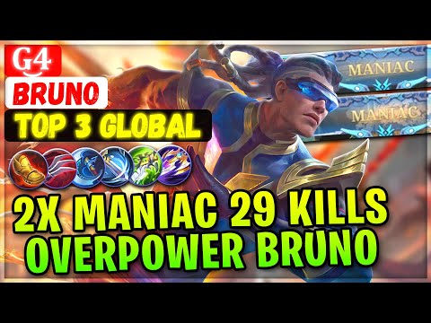 2x MANIAC 29 KILLS Overpower Bruno [ Top Global Bruno ] G͜͡4 - Mobile Legends Gameplay Emblem Build