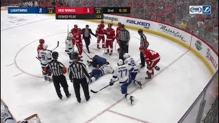 Girardi Hit by Slap Shot in the Back of the Head and Goes Down Hard  1/7/18  Lighting vs. Red Wings