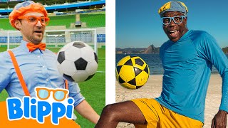 Futebol na Praia ou na Relva? ⚽ Blippi em Português 🟠 Vídeos Educativos para Crianças