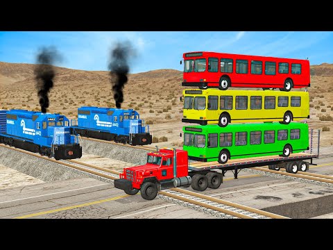 Flatbed Trailer Truck Transporter Rescue - Buses vs Rails and Trains - BeamNG.drive