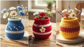 Cute Crochet flower vase design ideas. Colorful Crochet home decor piece. #crochet #knitting #design