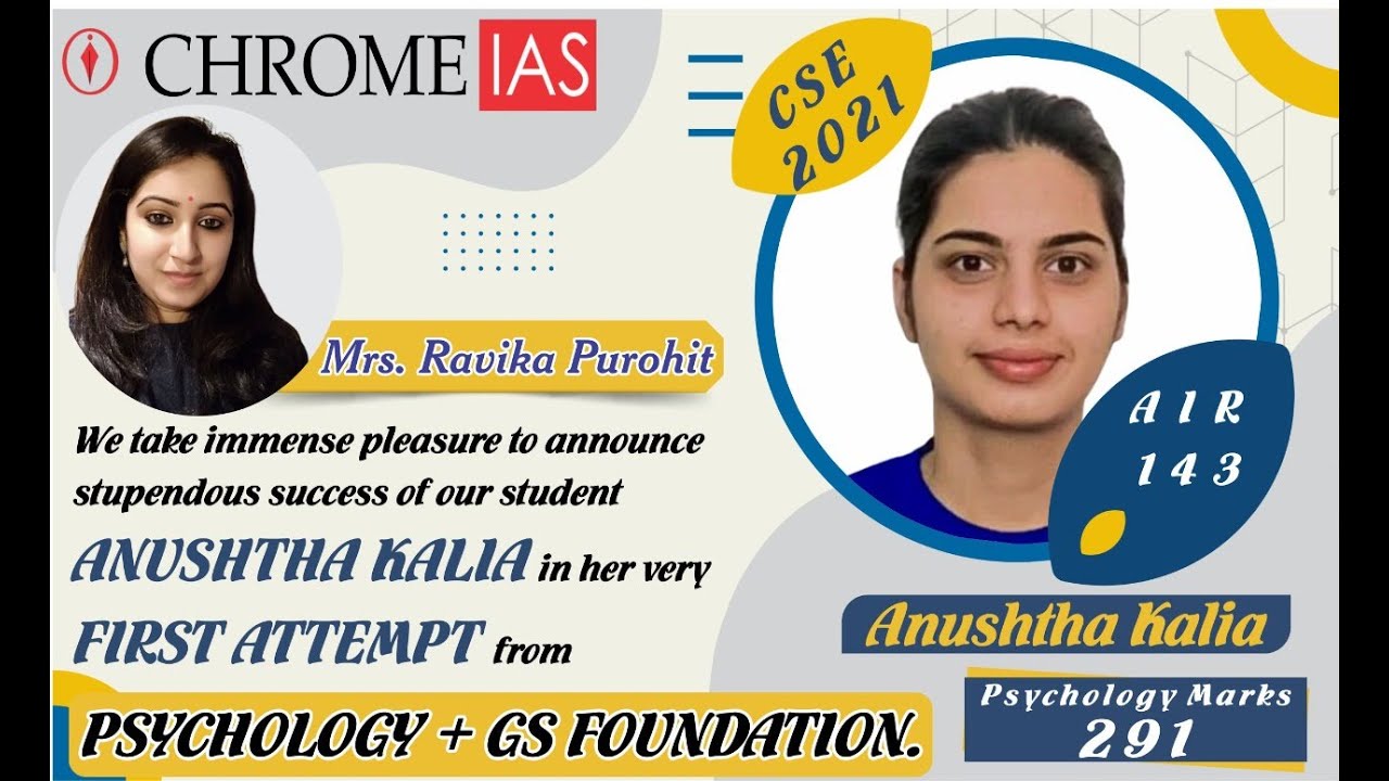 Psychology Topper Testimonial  - Anushtha Kalia  - AIR 143, 291 Marks in Psychology