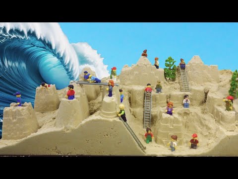 Sand Castle Flood: Lego Minifigures Tsunami Disaster - Dam Breach Experiment
