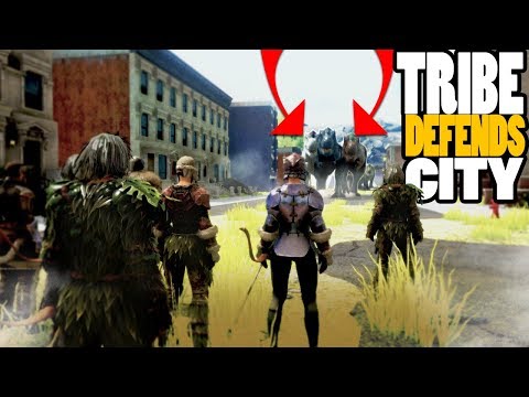 ARK Survival Evolved - GIANT TRIBE DEFENDS MODERN CITY FROM REX INVASION - Gameplay