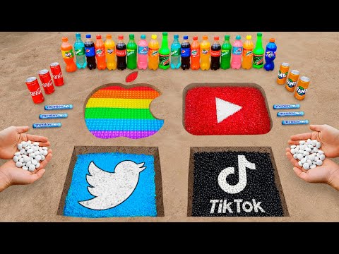 Apple, YouTube, Twitter, and Tik Tok Logo in the Hole with Orbeez, Popular Sodas  Mentos