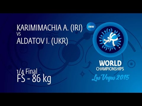 1/4 FS - 86 kg: A. KARIMIMACHIA (IRI) df. I. ALDATOV (UKR) by TF, 16-4