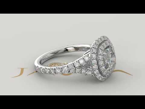 Javda Double Halo Cushion Diamond Engagement Ring, 14k White Gold