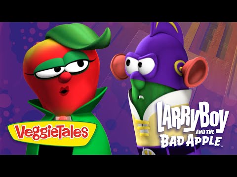 Promo image showing a red VeggieTales tomato character with a green cape and LarryBoy from 'LarryBoy and the Bad Apple' against a purple background, with the VeggieTales logo visible.