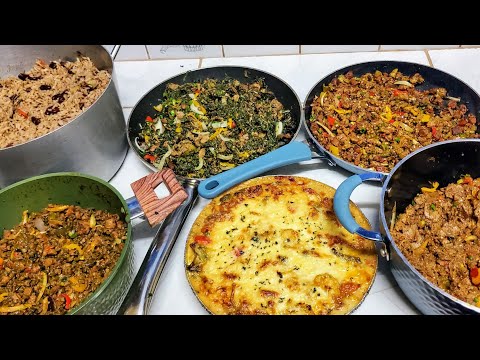 Amazing vegetarian cuisine so delicious/ cheesy Veggie pie,Vegan chunks & calaloo, rice & peas, okro