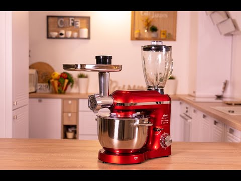 Mixer cu bol de 6 L din inox, 1500 W, 2 kg aluat, cu tocător și blender, 6 viteze, MB-1500SET, alb