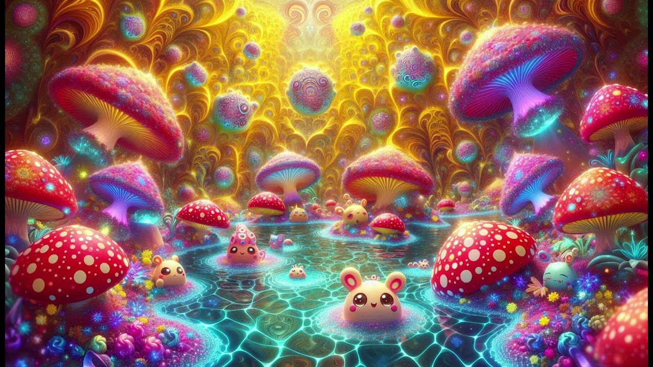 Mushroom Fractal Cave with River and Cute  Aliens Wallpaper / Background ( No Sound )