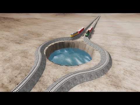 Impossible Weird Wave Rail Tracks Vs Trains Crossing Giant Pit - BeamNG.Drive