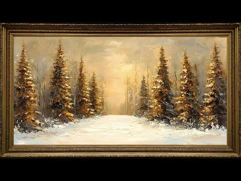 Golden Pine Forest Winter Landscape, Vintage Christmas Oil Painting | 4K Framed TV Art Screensaver