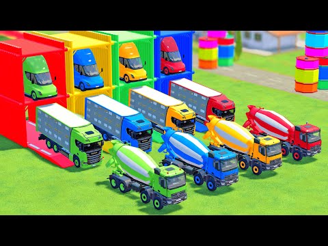 TRANSPORT OF COLOR - ALL MIXER TRUCK WITH DOUBLE FLATBED TRUCK, MERCEDES, SCANIA, TESLA, MAN - FS22