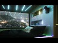 Capsule Hotel Bedroom With Town Night View Rain On Window