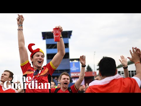 Belgium fans celebrate Thomas Meunier's early goal against England