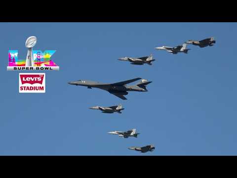 Super Bowl LX Flyover at Levi's Stadium, with a pair of B-1B, F-15C, F-18E and F-35C
