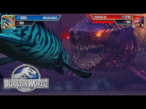 MOSASAURUS VS COLOSSUS 04 (MEGALODON BOSS) - AQUATIC BATTLE || JURASSIC WORLD THE GAME