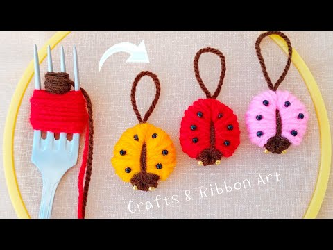 Amazing Ladybug Making Idea with Fork - Easy Woolen Crafts - DIY Ladybug Keychain - Hand Embroidery